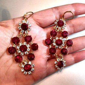 Long Dangle Drop Chandelier Earrings Red stone Gold tone